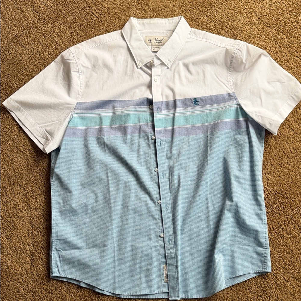 Original Penguin Men's White and Light Blue Striped Shirt